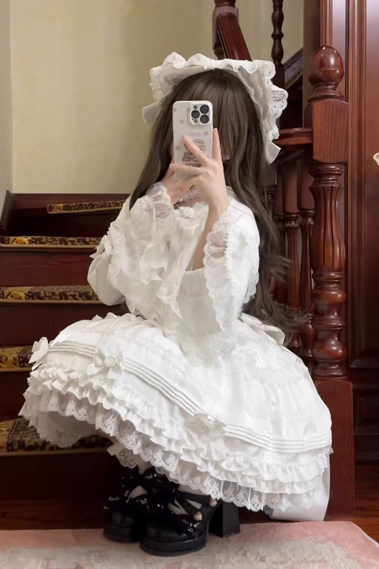 White Layered Buttercream Frosting Short Sleeves Ruffle Bowknot Lace Sweet Lolita Dress