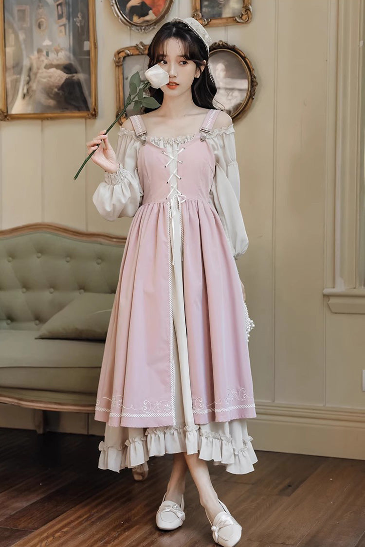 Pink Long Sleeves Ruffle Sweet Elegant Princess Lolita Dress Two Piece Set