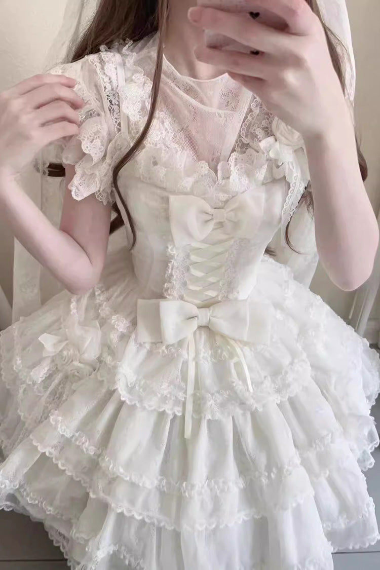 White Moonlight Sleeveless Ruffle Bowknot Lace Sweet Lolita Jsk Dress