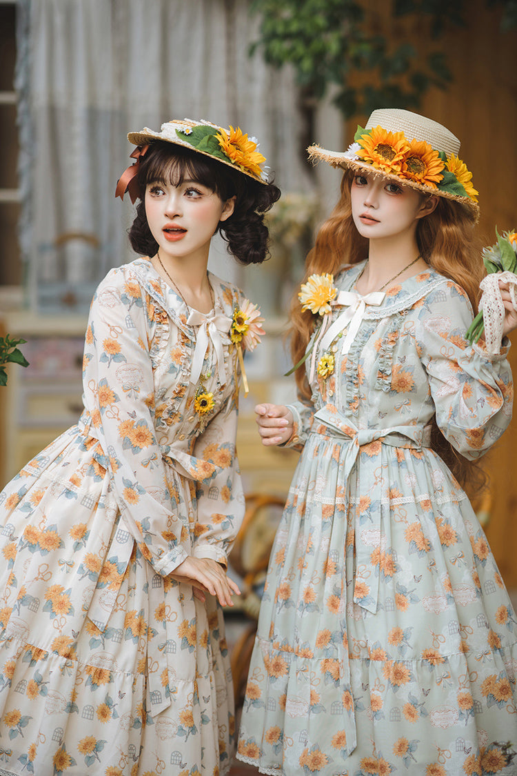 Green Gardening Sunflower Long Sleeves Print Ruffle Bowknot Sweet Elegant Lolita Dress