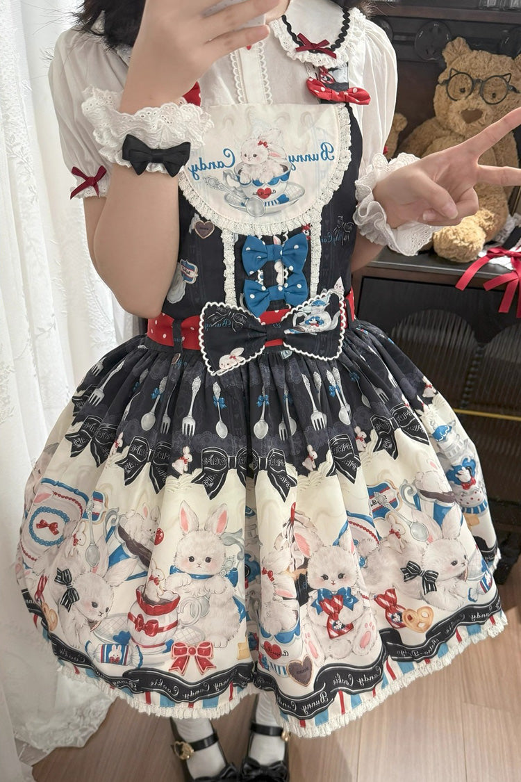 Black Mystery Rabbit Tea Party Sleeveless Print Bowknot Lace Sweet Lolita Strap Dress
