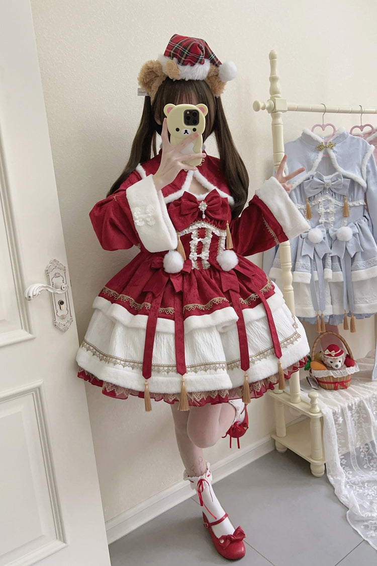 Red Snow Rabbit Long Sleeves Ruffle Bowknot Fake Two Pieces Sweet Lolita Dress