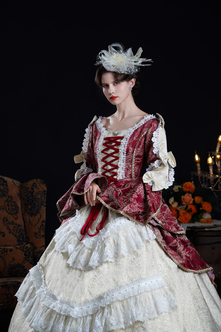 Wine/Ivory Long Hime Sleeves Lace-Up Classic Vintage Palace Lolita Victorian Dress