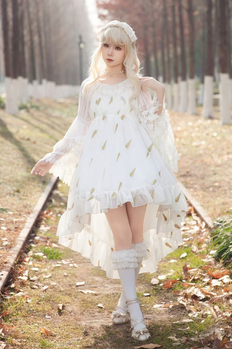 Feather Snowflake Embroidery Print Sleeveless Ruffle Bowknot Sweet Lolita Jsk Dress 3 Colors