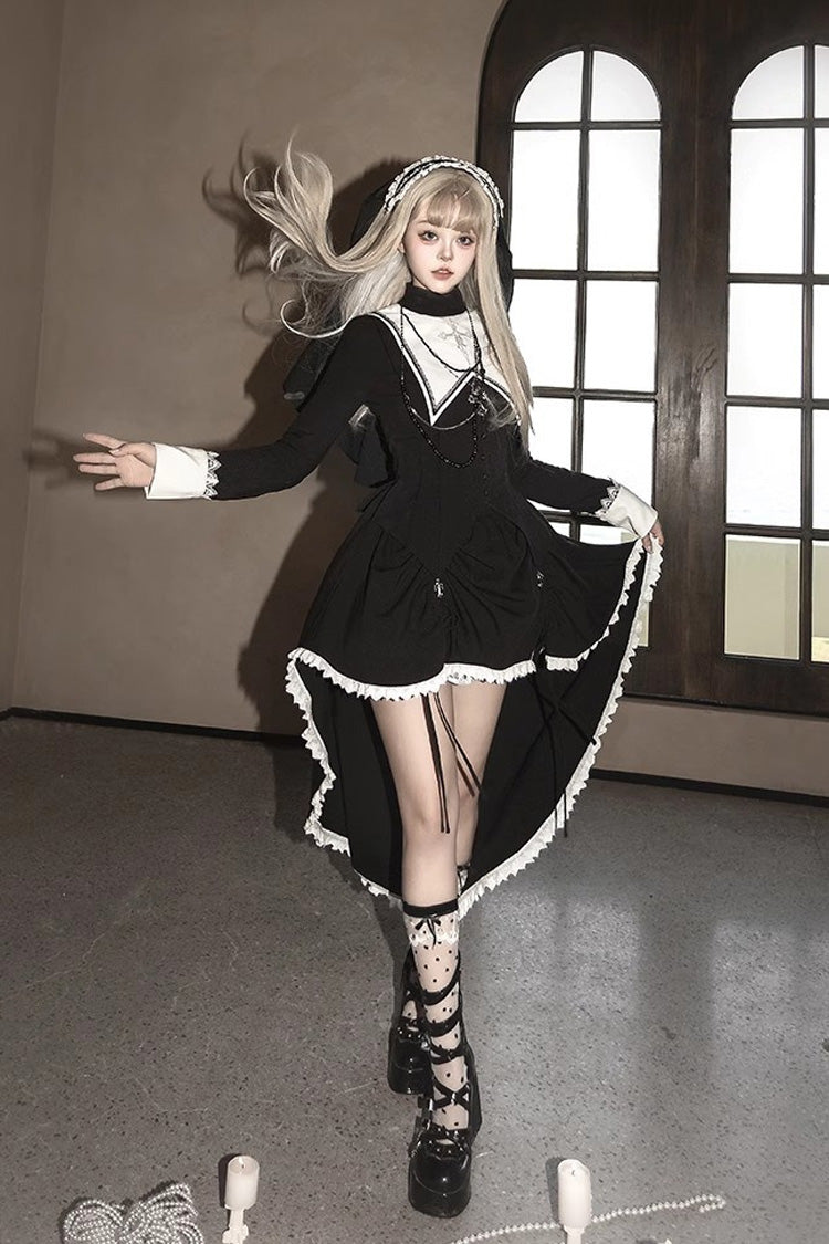 Black/White Peace Prayer Long Sleeves Ruffle Bowknot Asymmetric Gothic Lolita Skirt Set