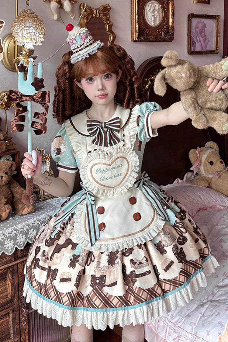 Brown Peppermint Chocolate Chocolate Cake Bear Print Ruffle Bowknot Lace-Up Sweet Lolita Dress
