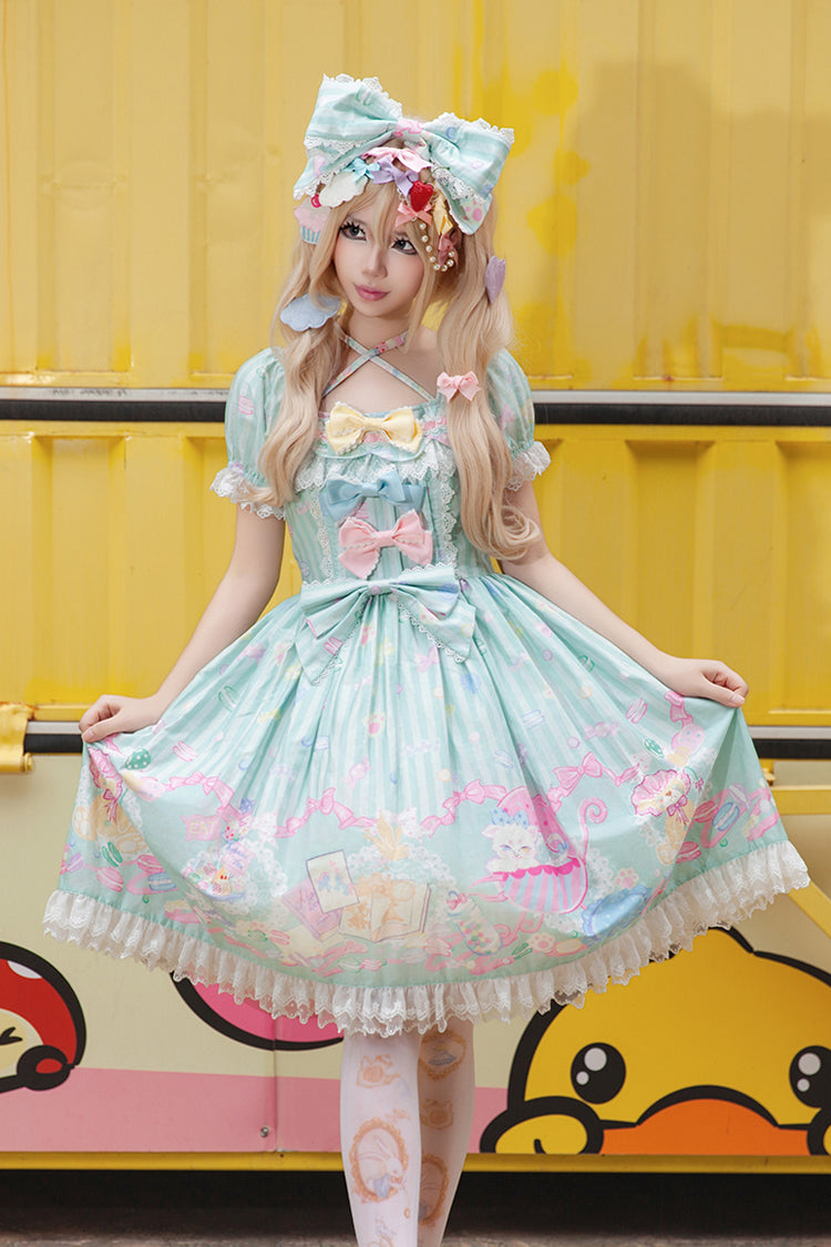 Macaron Dolly House Doll Collar Short Sleeves Print Bowknot Sweet Lolita Dress 3 Colors