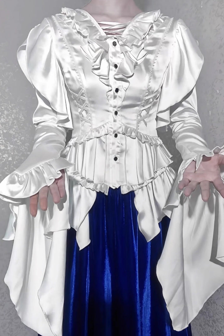 Echoes of the Deep Sea Long Hime Sleeves Ruffled Bow Lace-Up Gothic Ouji Lolita Blouse 4 Colors