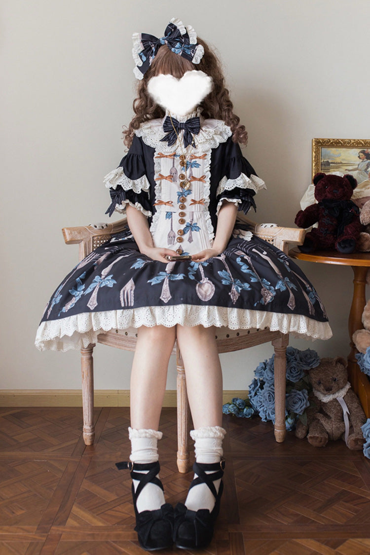 Dark Blue The Witch's Banquet Round Collar Short Sleeves Printed Ruffled Embroidered Bow Lace Sweet Lolita Jsk Dress