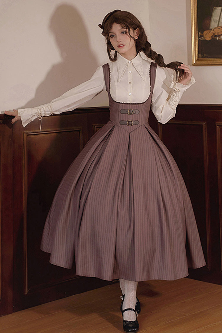 Brown Manchester City's Past Striped Print Breast Support Long Version Sweet Lolita Dress