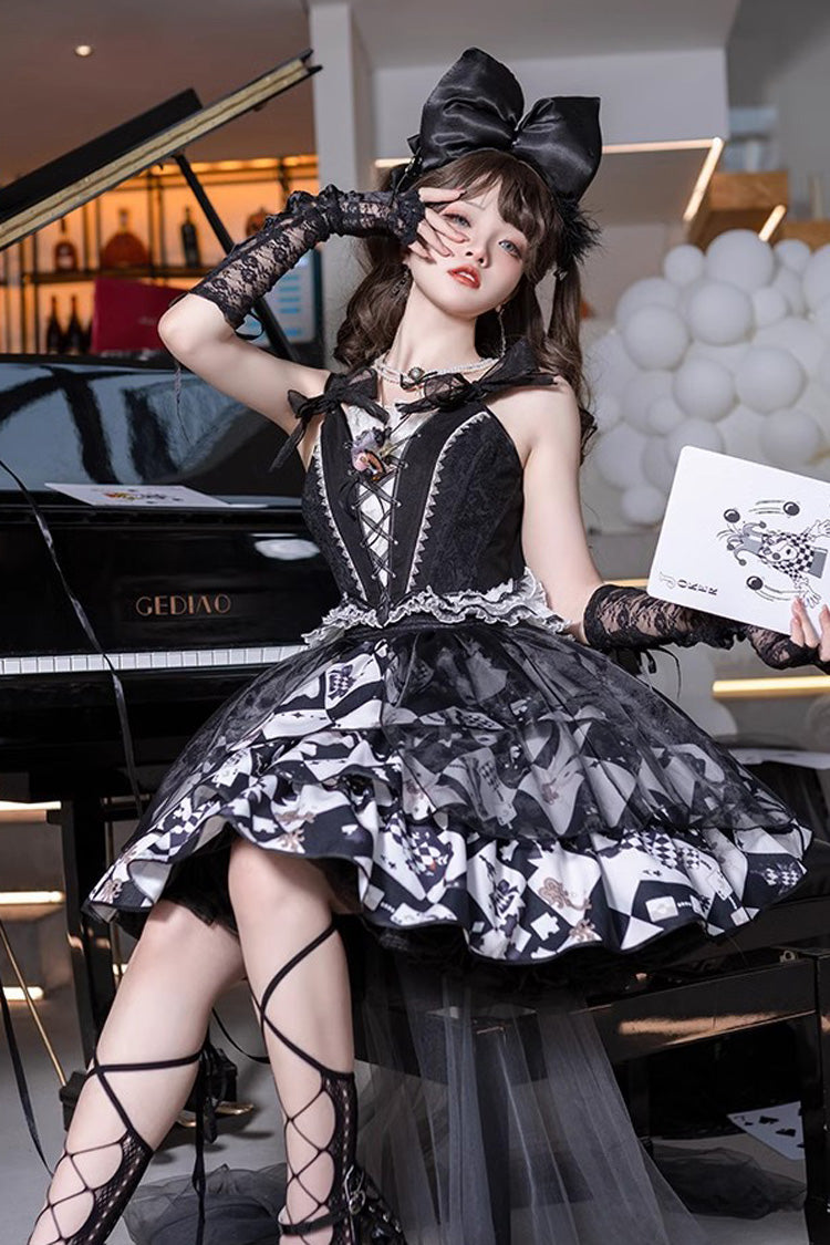 Black/White Board Games Triple-Layered Print Ruffle Vintage Lolita Skirt