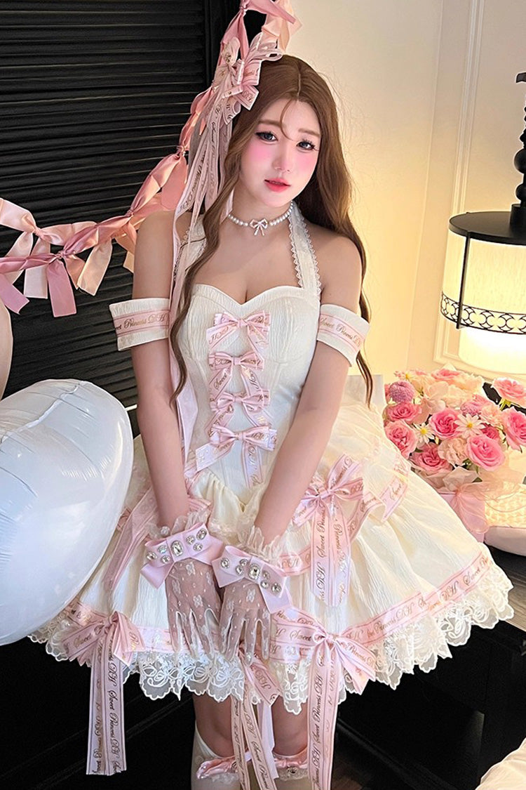 Pink Young Lady Halterneck Sleeveless Multi-Layered Ruffle Bowknot Elegant Princess Sweet Lolita Dress