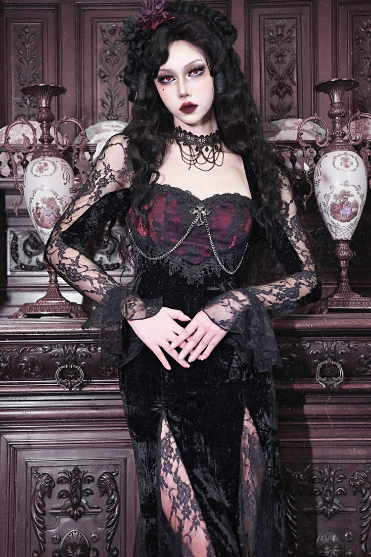 Black/Red Rose Cemetery Long Sleeves Lace Slim Gothic Lolita Fishtail Dress