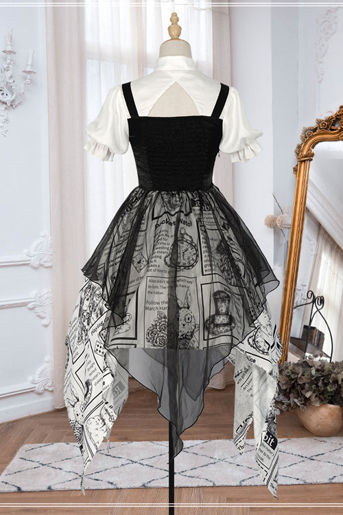 Black Fake Two Pieces Vintage Printed Irregular Hem Classic Lolita Dress