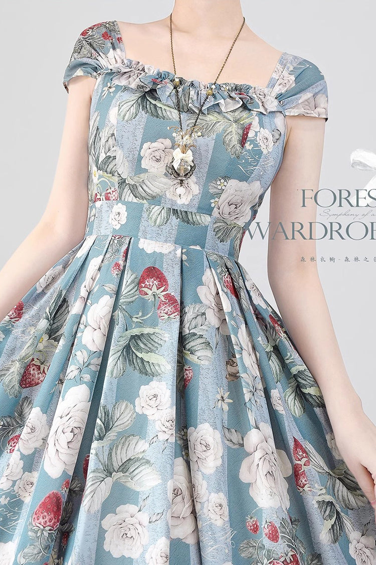 Blue/Green Forest Basket Sea Salt Rose Print Bowknot Chiffon Sweet Elegant Lolita Jsk Dress