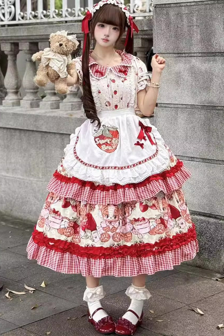 Red Bear Strawberry Ode Print Short Sleeves Double-Layered Ruffle Bowknot Sweet Princess Lolita Jsk Dress