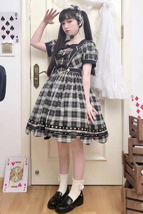 Green Plaid Print Dessert Crowned Bowknot High Waisted Short Sleeves Sweet Lolita OP Dress