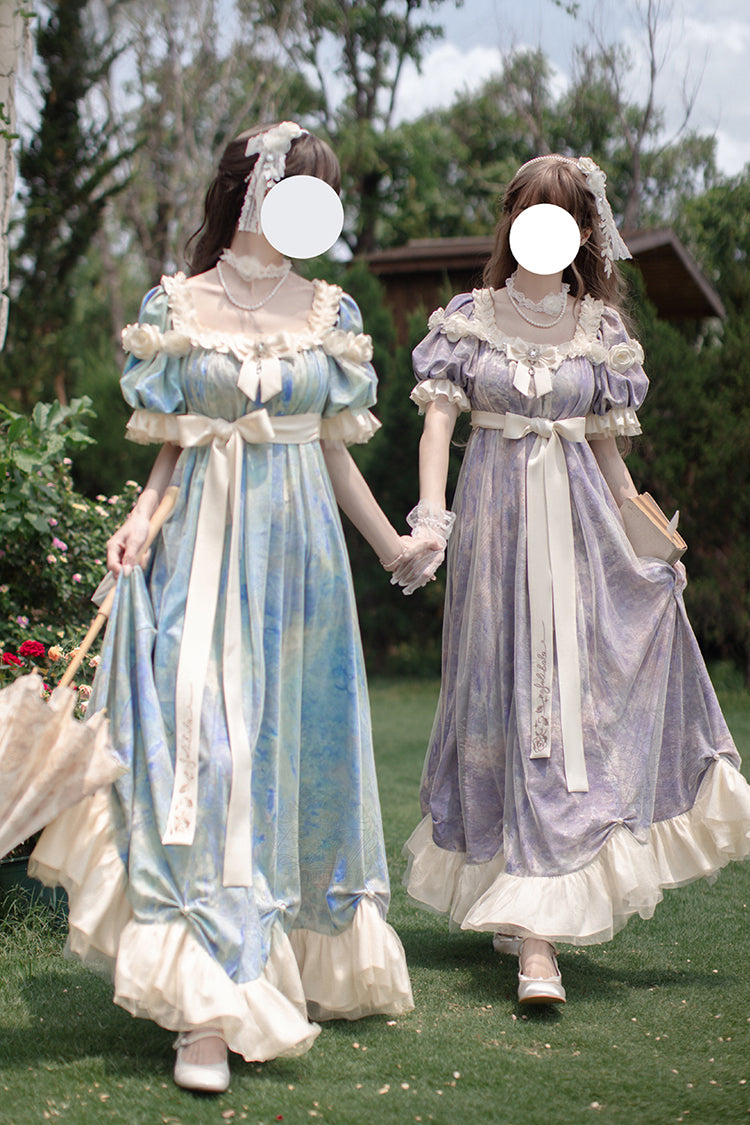 Purple Oil Painting Sun and Moon Poem Short Sleeves Print Ruffle Bowknot Sweet Princess Lolita Dress