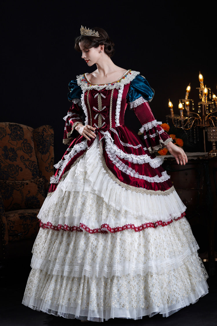 Wine/Ivory Round Collar Long Hime Sleeves Triple-Layered Ruffled Open-Front Bow Lace Classic Vintage Palace Lolita Victorian Dress