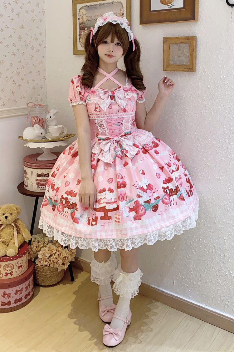 Pink Strawberry Parfait Print Short Sleeves Ruffle Bowknot Lace Lace-Up Sweet Lolita Dress