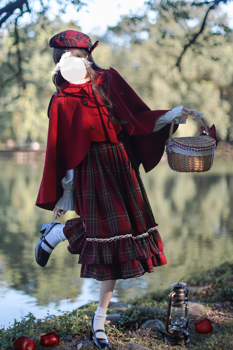 Red Little Red Riding Hood Double-Layered Plaid Print Ruffle Bowknot Sweet Vintage Lolita Jumper Dress
