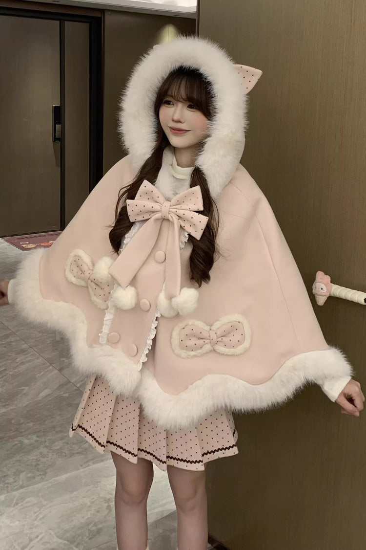 Pink Sea Salt Guava Polka Dot Printed Ruffled Bow Hooded Sweet Princess Lolita Dress Cloak Set