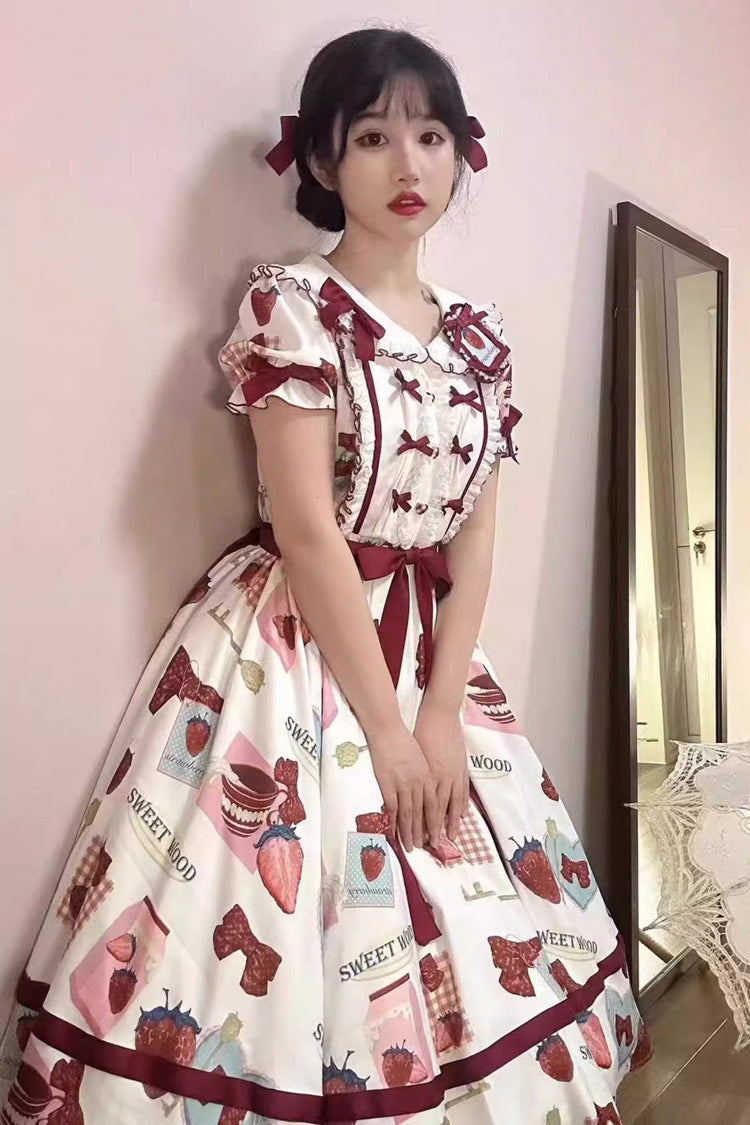 Multi-Color Strawberry Bowknot Print Short Sleeves Long Version Sweet Lolita Dress