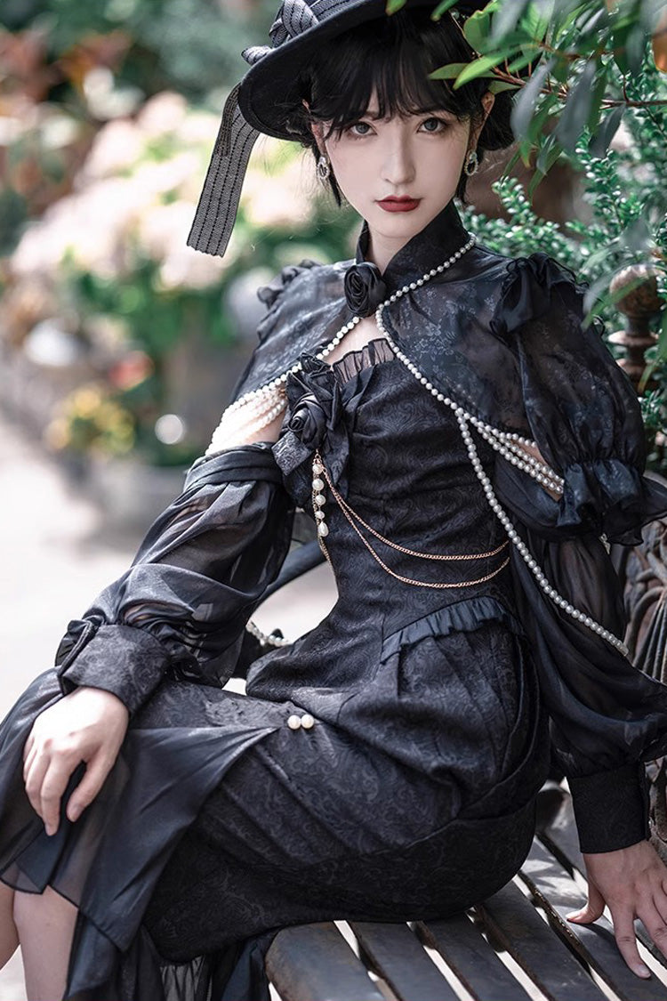 Black Camellia 1.0 Sleeveless Jacquard Ruffle Lace Gothic Chinese Style Lolita Jsk Fishtail Dress