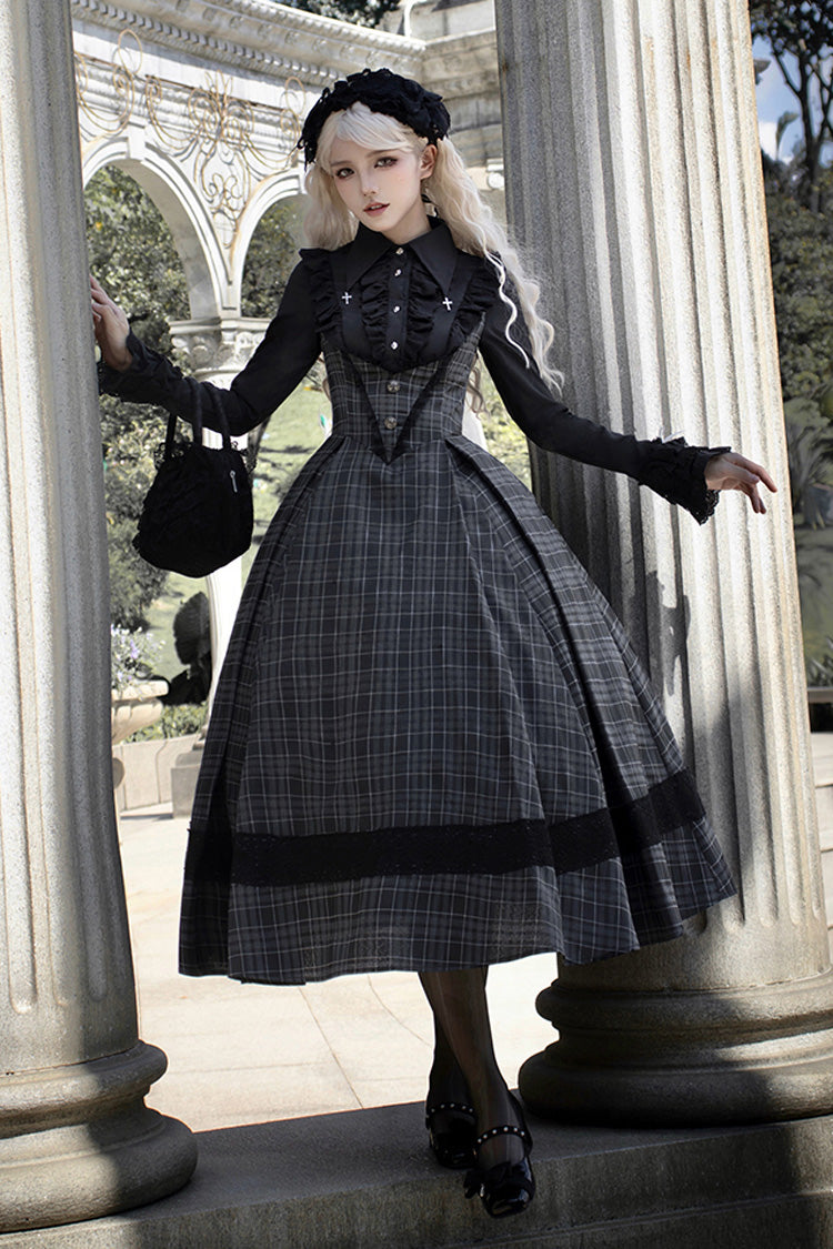 Black Chest Support Plaid Print Ruffle Gothic Lolita Dress