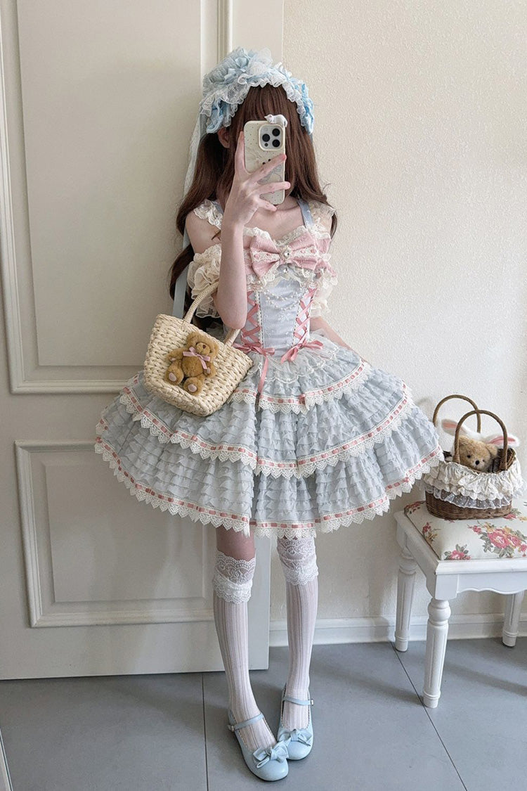 Blue Song of Floral Letters Sleeveless Triple-Layered Bowknot Lace-Up Sweet Lolita Jsk Dress