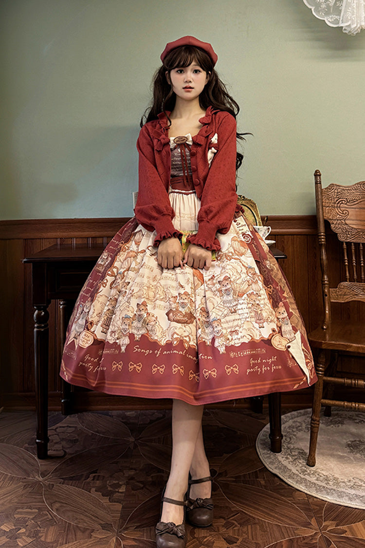 Wine Red Fox Band Print Square Collar Bowknot Classic Lolita Jumper Dress