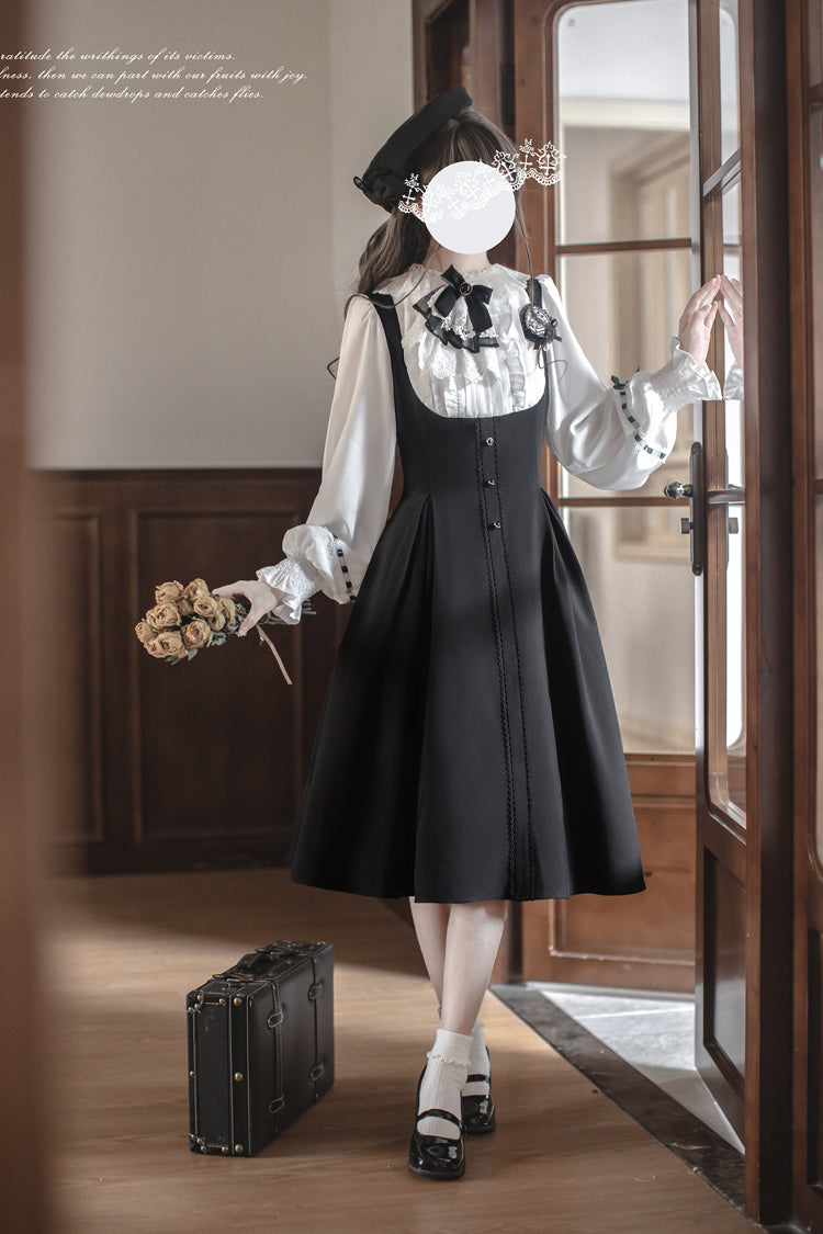 Black/White Sunset Academy Long Sleeves Ruffle Bowknot Fake Two Pieces Vintage College Style Elegant Lolita Dress
