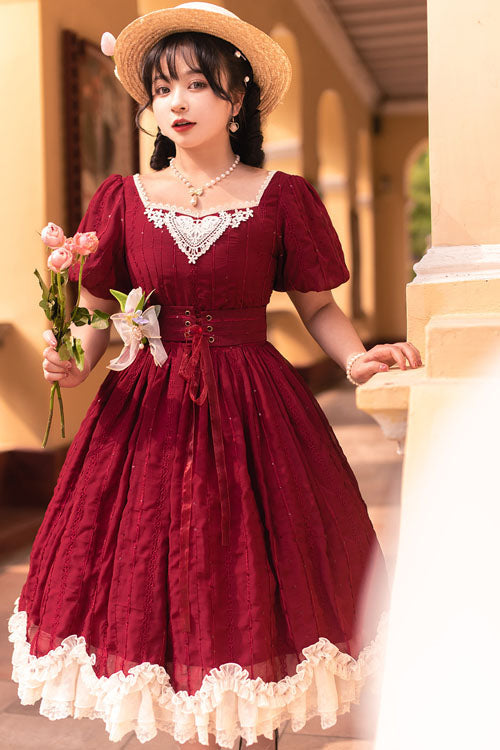 Wine Elegant Vintage Square Collar Short Sleeves Multi-Layer Ruffled Classic Lolita OP Dress