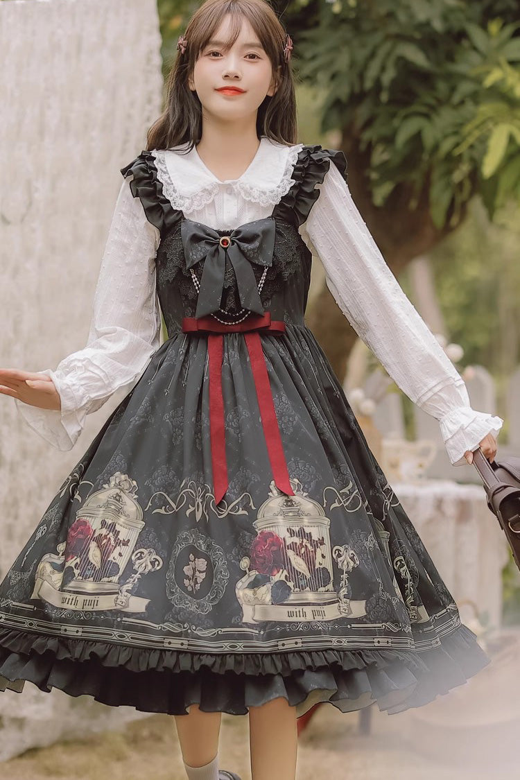 Black Birdcage Rose Print Ruffle Bowknot Gothic Princess Lolita Dress