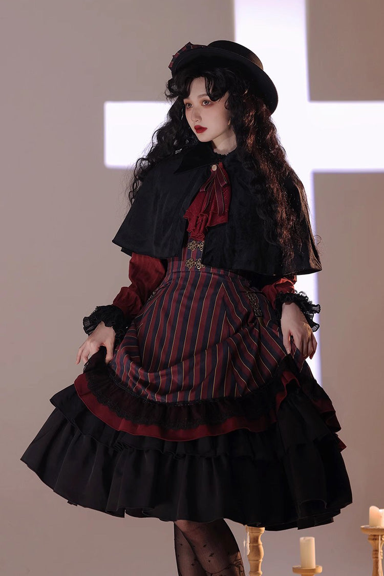 Point Manor Multi-layer Striped Print Ruffle Vintage Elegant Gothic Lolita Skirt 4 Colors