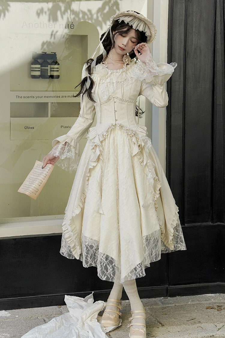 Ivory White Tea Long Sleeves Ruffle Bowknot Lace Irregular Classic Princess Lolita Dress