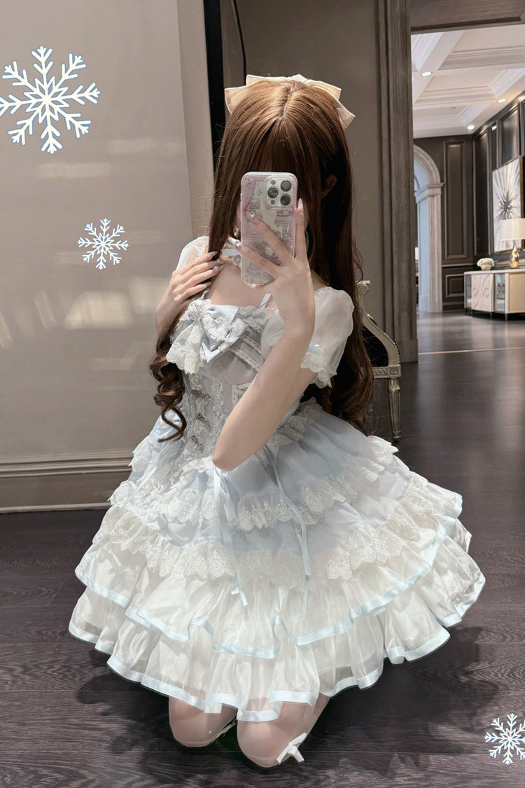White/Blue Ice Dance Short Sleeves Multi-Layered Ruffle Embroidery Bowknot Lace Sweet Lolita Dress