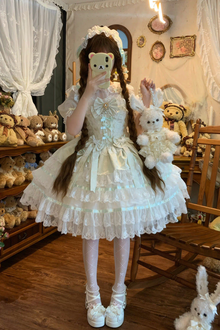 Green Snow Kissed Romance Sleeveless High Waisted Multi-Layered Bowknot Lace Pearl Sweet Ballet Lolita Jsk Dress