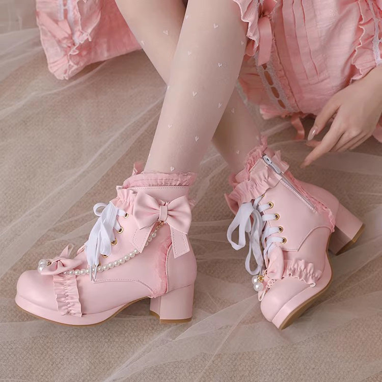 Sweet Ruffled Bow Pearl-Decorated Lolita Ankle Boots 3 Colors