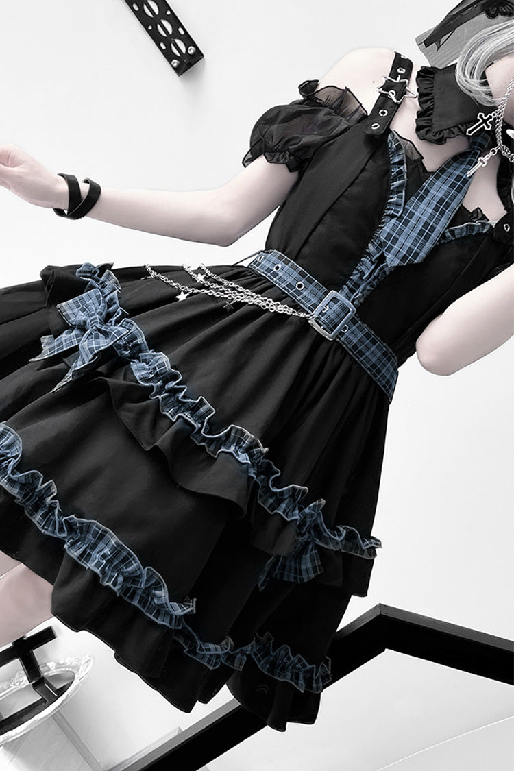Black Dark Night Starlight Chain Ruffle Bowknot Lace Buckle Gothic College Style Lolita Dress Set