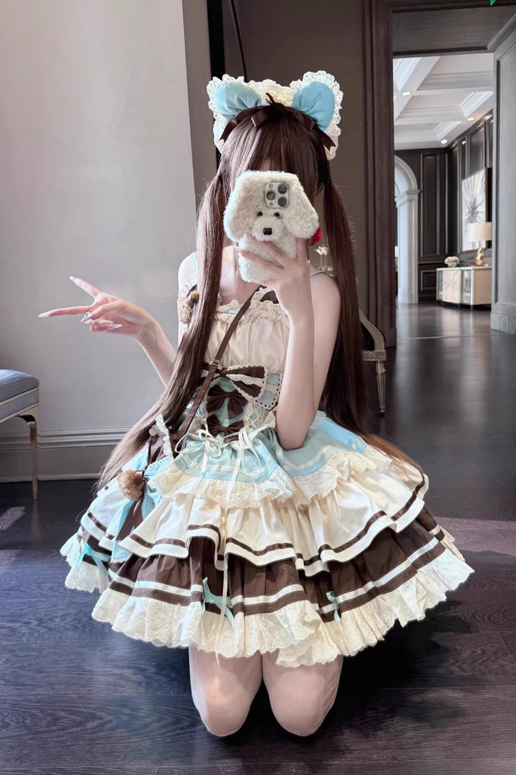 Green/Chocolate First Love Bear Multi-Layered Ruffle Bowknot Lace Sweet Lolita Jsk Dress