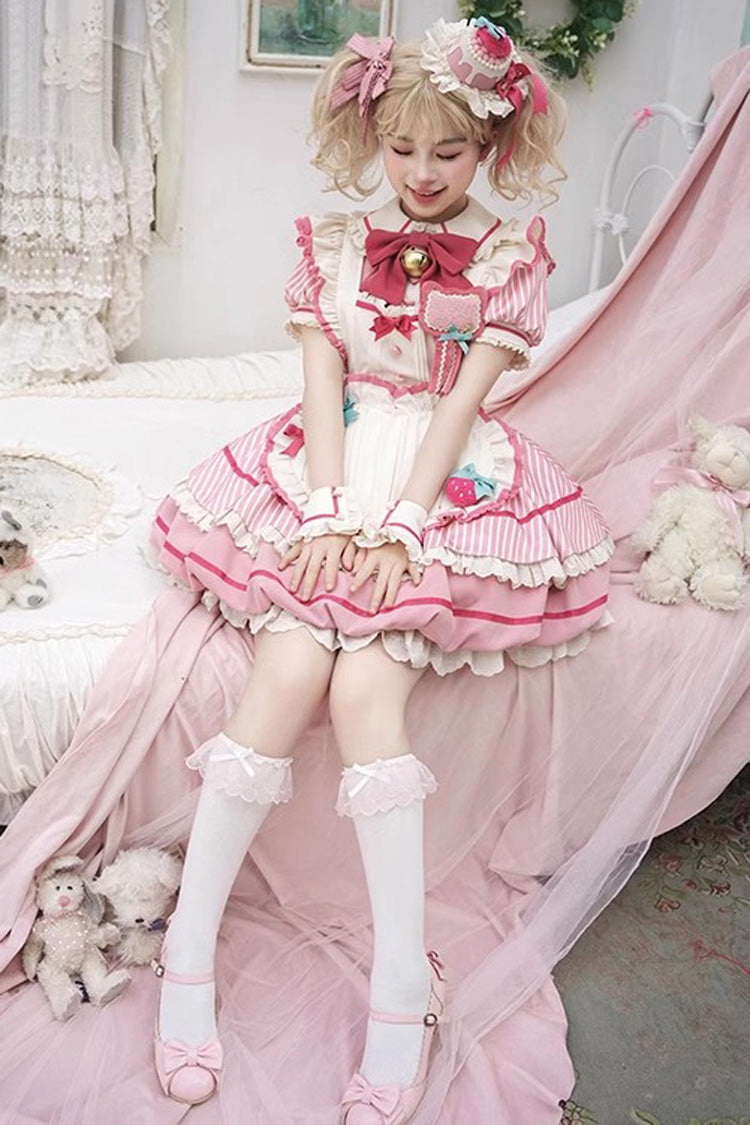 Pink Berry Bubbles Stripe Print Ruffle Bowknot Lace Sweet Lolita Dress