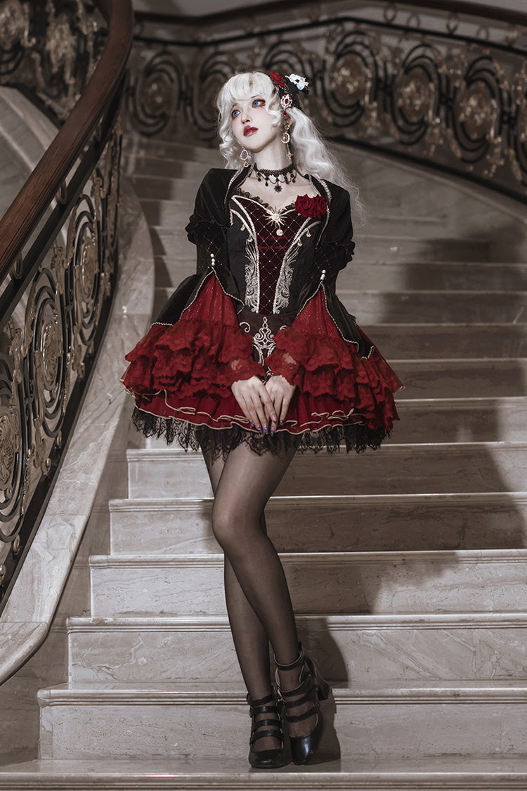 Black/Red Blood Clan Feast Ruffle Embroidery Lace Gothic Lolita Jsk Dress Set