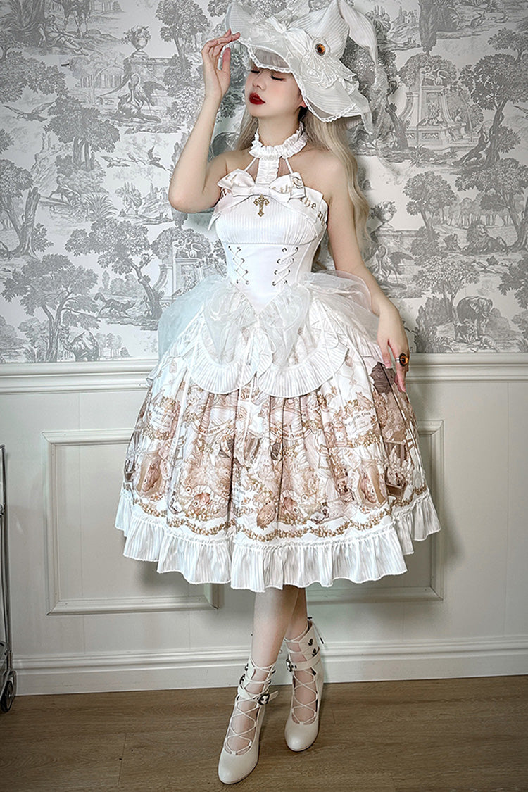 White The Mystery of The Doll Halterneck Print Ruffle Bowknot Drawstring Gothic Lolita Dress