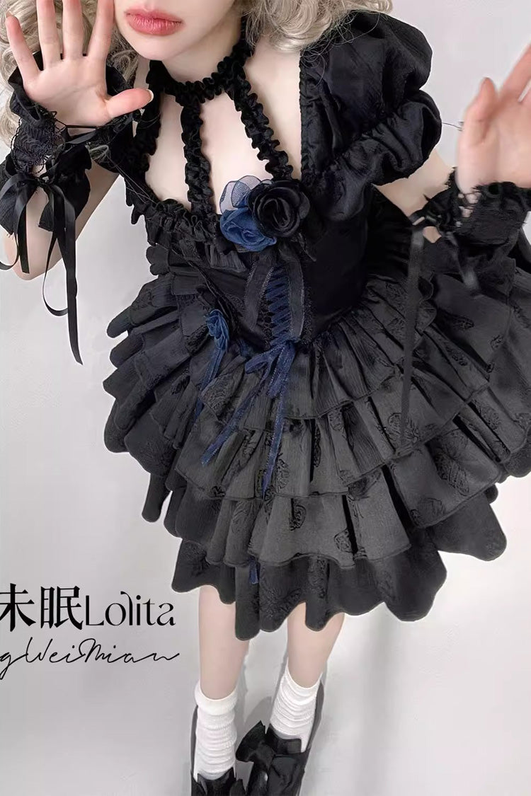 Black Halterneck Short Sleeves Multi-Layered Ruffle Bowknot Lace-Up Fishbone Gothic Lolita Dress