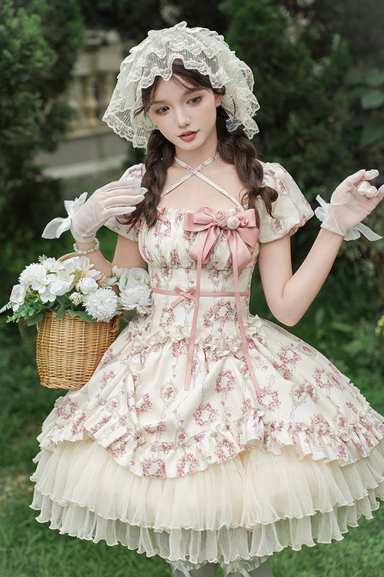 Ivory Rose After The Rain Short Sleeves Triple-Layered Print Ruffle Bowknot Lace-Up Sweet Lolita Short Dress