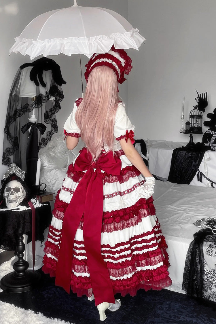White/Red Layered Red Velvet Short Sleeves Ruffle Bowknot Lace Sweet Lolita Dress