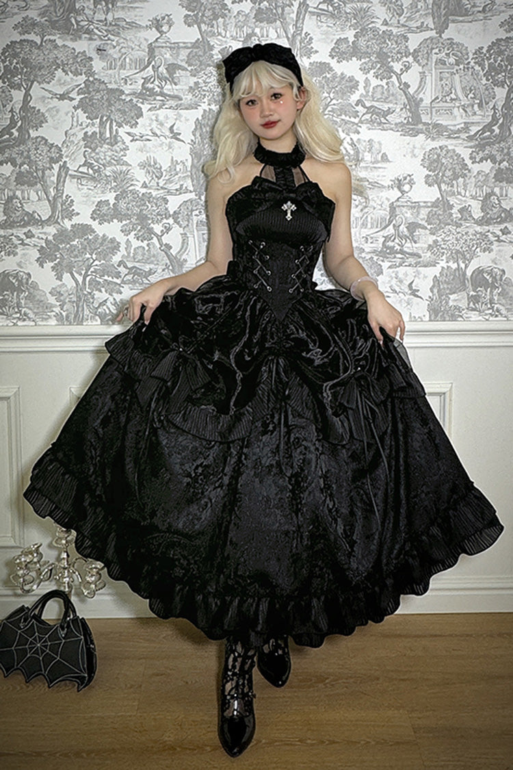 Solid Color The Mystery of The Doll Halterneck Ruffle Bowknot Drawstring Gothic Lolita Dress 4 Colors