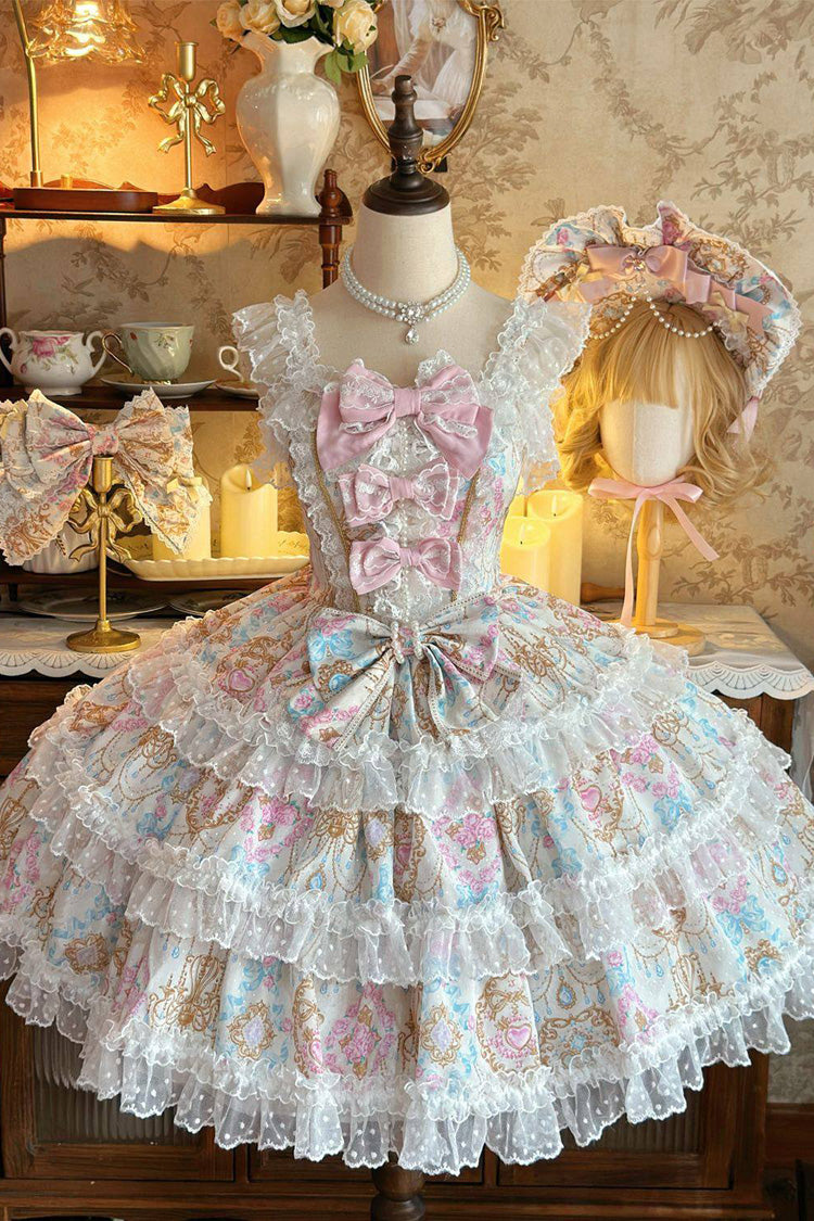 Apricot Candelabrum Elegy Sleeveless Triple-Layered Flower Wall Printed Ruffled Bow Lace Sweet Lolita Jsk Dress