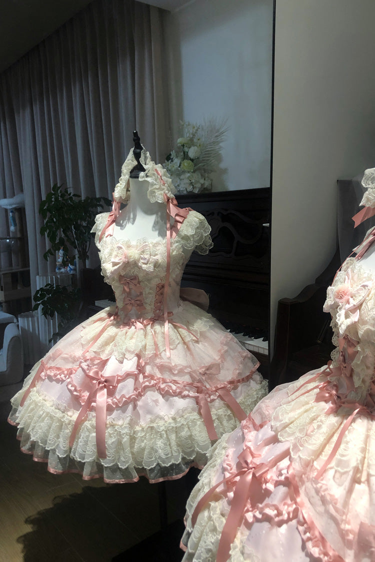 Pink Dreaming Butterfly Multi-Layered Jacquard Ruffle Bowknot Lace Sweet Princess Lolita Jsk Dress